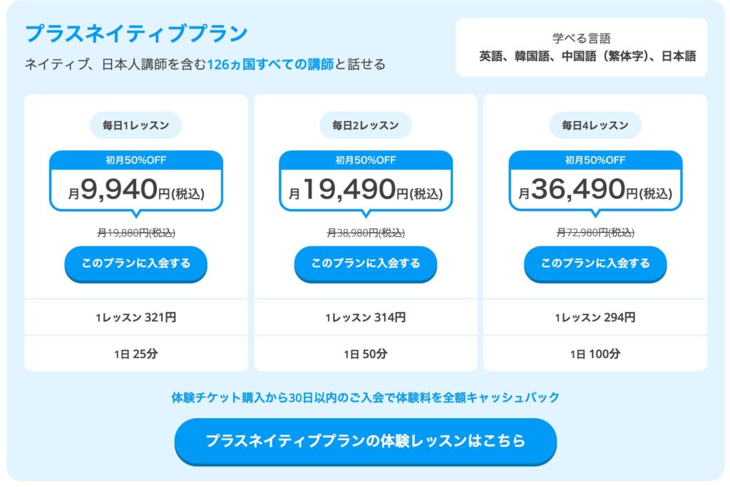 DMM英会話　プラスネイティブプラン　50％オフ料金表