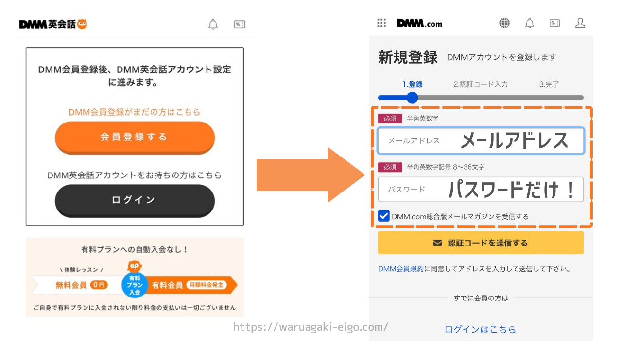 DMM英会話　無料会員登録の手順
メールアドレスとパスワード入力