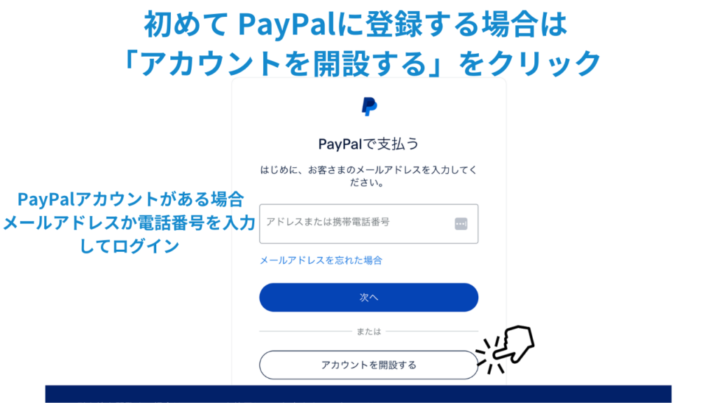 PayPalのアカウントを開設するをクリック