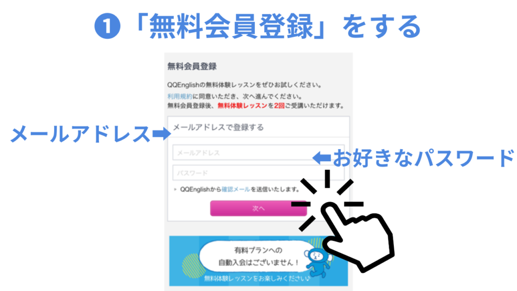 QQキッズ の無料会員登録画面で「メールアドレス」と「パスワード」を入力