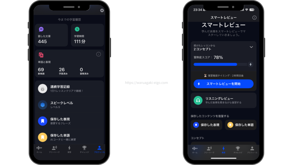 スピーク(Speak )学習時間や話したフレーズの数もアプリ内で確認できる