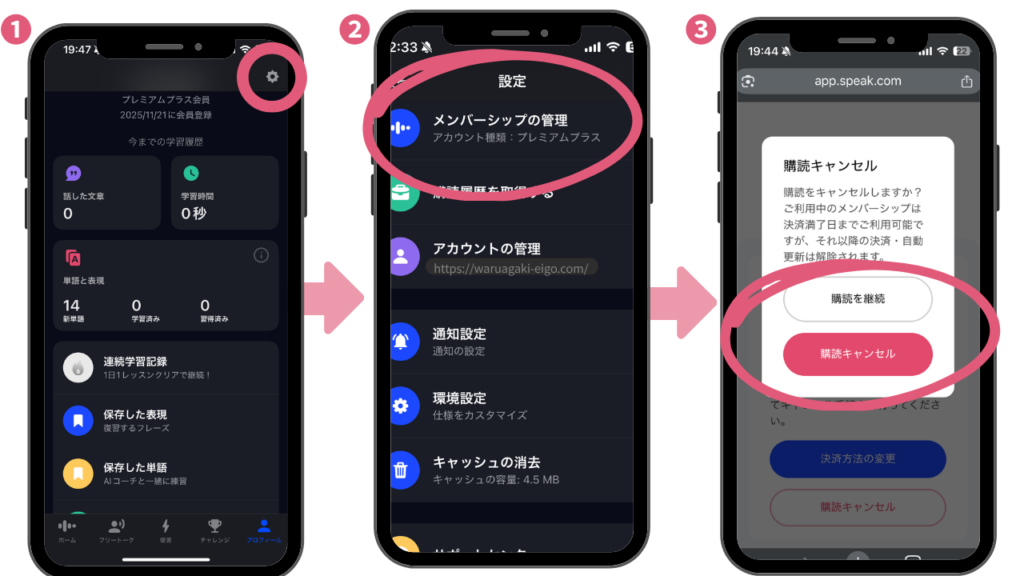 AIスピーク(Speak)7日間無料体験の簡単な解約手続きの手順